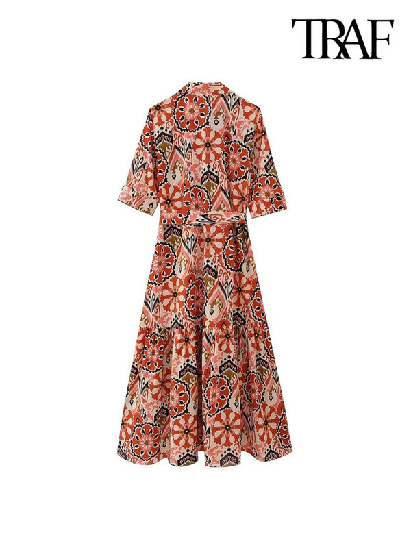TRAF női divat övvel nyomott Midi ruha Vintage rövid ujjú elöl gombos női ruhák Vestidos Mujer