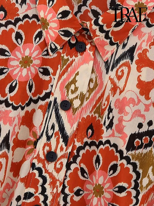 TRAF női divat övvel nyomott Midi ruha Vintage rövid ujjú elöl gombos női ruhák Vestidos Mujer