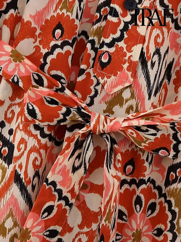 TRAF női divat övvel nyomott Midi ruha Vintage rövid ujjú elöl gombos női ruhák Vestidos Mujer