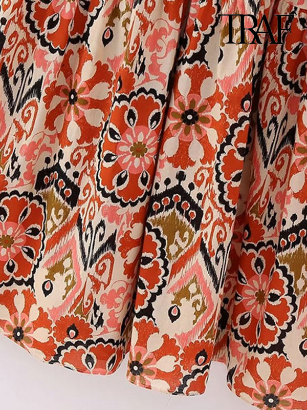 TRAF női divat övvel nyomott Midi ruha Vintage rövid ujjú elöl gombos női ruhák Vestidos Mujer