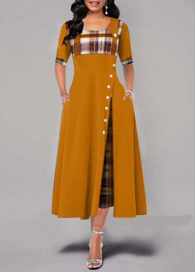Divatos női ruha tavaszi O-nyakú, hosszú ujjú, A-vonalú női parti ruhák Vintage patchwork print Elegáns alkalmi bő maxi ruha