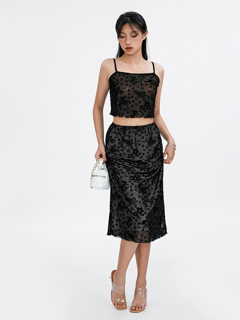 Sieviešu divdaļīgi vasaras tērpi, melni mežģīņu Cami topi un vidēja izmēra bodycon svārku komplekts