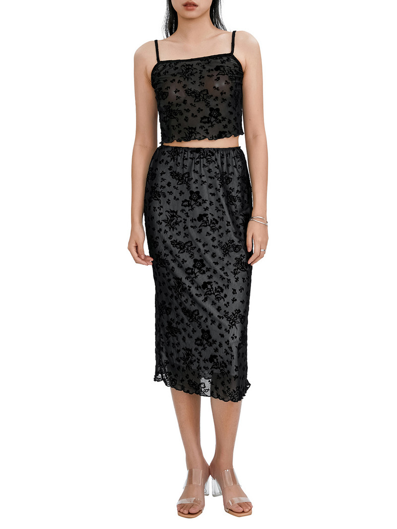 Sieviešu divdaļīgi vasaras tērpi, melni mežģīņu Cami topi un vidēja izmēra bodycon svārku komplekts