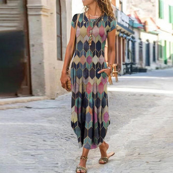 Vintage Flower Φόρεμα Γυναικεία O Neck Pocket Casual Dresses for Women Loose Long Dress Γυναικείο φόρεμα για διακοπές