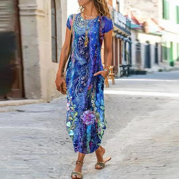 Vintage Flower Φόρεμα Γυναικεία O Neck Pocket Casual Dresses for Women Loose Long Dress Γυναικείο φόρεμα για διακοπές