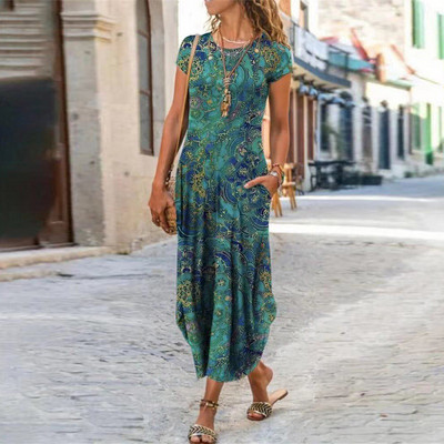 Rochie de flori de epocă pentru femei cu decolteu în formă de buzunar Rochii casual pentru femei Rochie lungă largi Rochie de petrecere de vacanță pentru doamne