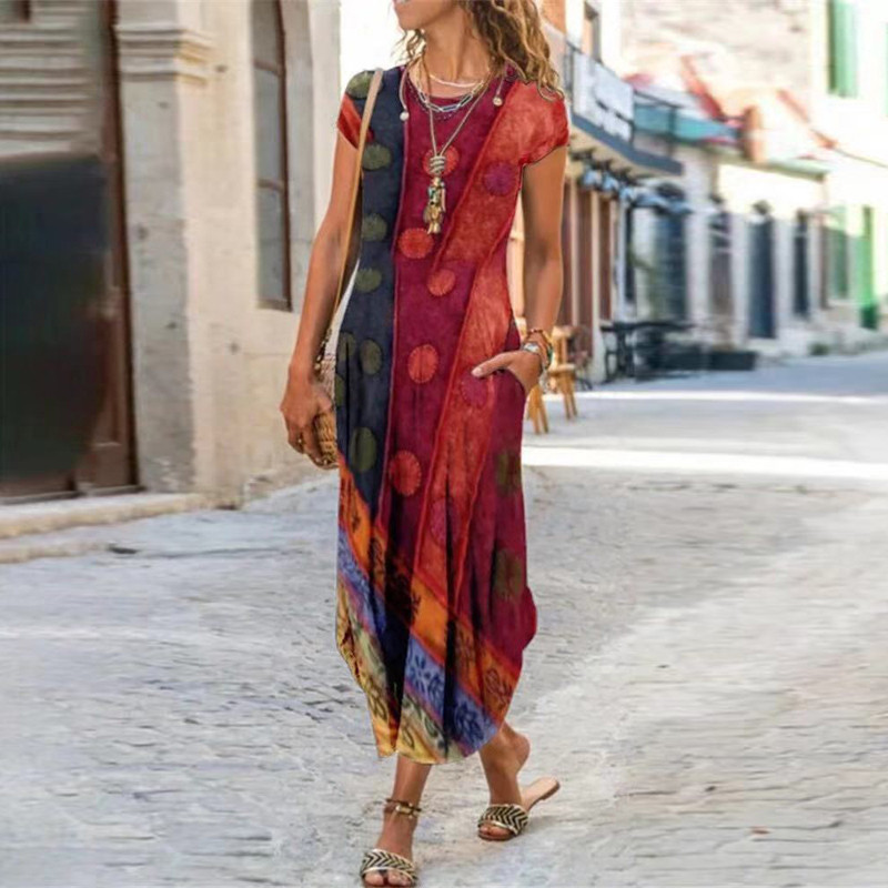 Vintažinė gėlių suknelė Moteriška laisvalaikio suknelė su kišenėmis su kaklu Laisva moteriška ilga suknelė Moteriška suknelė atostogų vakarėliui