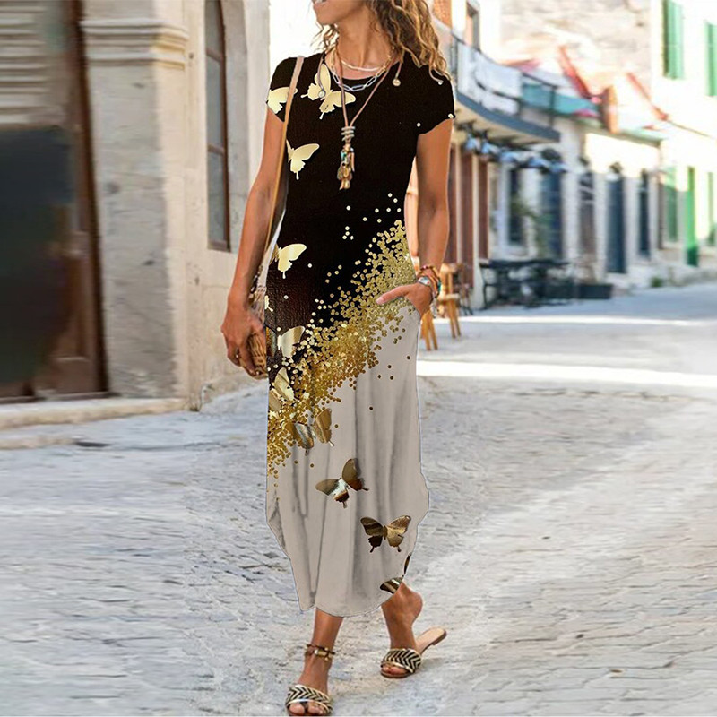 Vintažinė gėlių suknelė Moteriška laisvalaikio suknelė su kišenėmis su kaklu Laisva moteriška ilga suknelė Moteriška suknelė atostogų vakarėliui