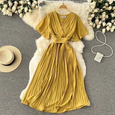 SINGREINY Γαλλικό φόρεμα με πλισέ Γυναικείο κοντό μανίκι V λαιμόκοψη Φορέματα σε γραμμή Α 2022 Νέο Summer Chiffon Vacation Sundress Beach