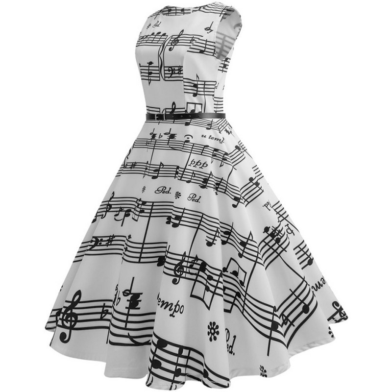 Vestidos Sieviešu vasaras kleita bez piedurknēm Vintage šūpoles kleitas Sexy Black Music Note Print Rockabilly Pin up Party A Line Kleita