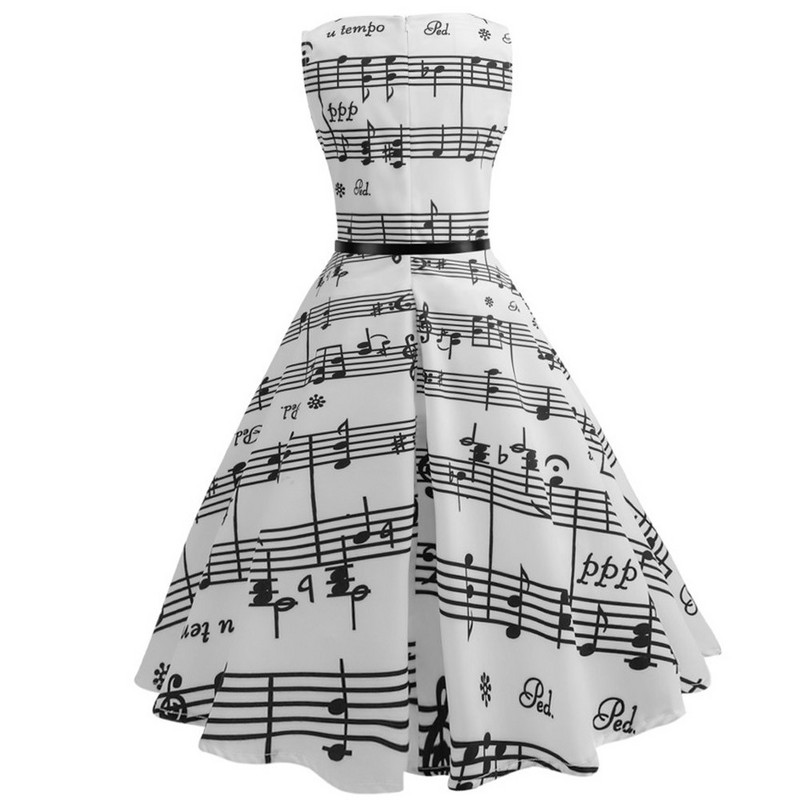 Vestidos Sieviešu vasaras kleita bez piedurknēm Vintage šūpoles kleitas Sexy Black Music Note Print Rockabilly Pin up Party A Line Kleita