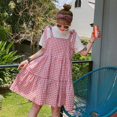 Ujjatlan ruha Női Kockás Redős masni Midi Sweet Girls O-nyak Casual Empire Elegáns Harajuku Koreai Laza 4XL Új Érkezés Ins