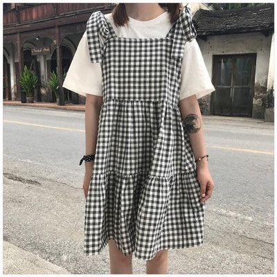 Ujjatlan ruha Női Kockás Redős masni Midi Sweet Girls O-nyak Casual Empire Elegáns Harajuku Koreai Laza 4XL Új Érkezés Ins