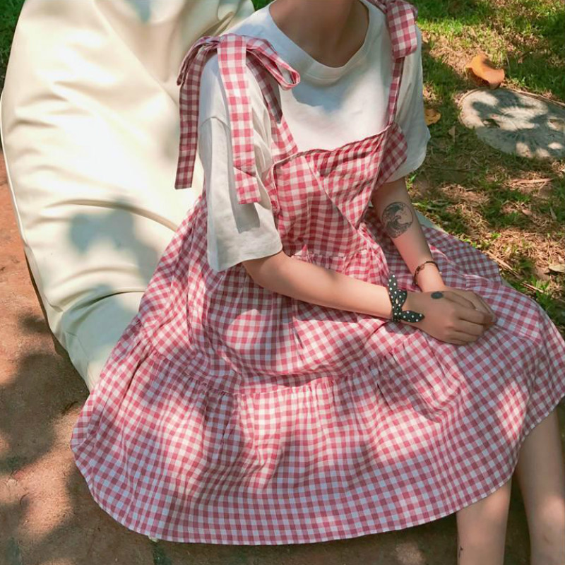 Ujjatlan ruha Női Kockás Redős masni Midi Sweet Girls O-nyak Casual Empire Elegáns Harajuku Koreai Laza 4XL Új Érkezés Ins