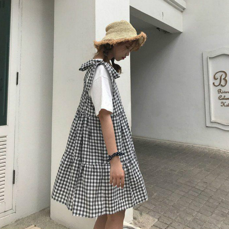 Ujjatlan ruha Női Kockás Redős masni Midi Sweet Girls O-nyak Casual Empire Elegáns Harajuku Koreai Laza 4XL Új Érkezés Ins