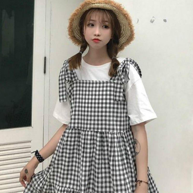 Ujjatlan ruha Női Kockás Redős masni Midi Sweet Girls O-nyak Casual Empire Elegáns Harajuku Koreai Laza 4XL Új Érkezés Ins