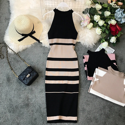 Nyári alkalmi csíkos női ruha Ujjatlan Stretch Vintage Kötött divat Szexi Bodycon Ruhák Elegáns Vestido