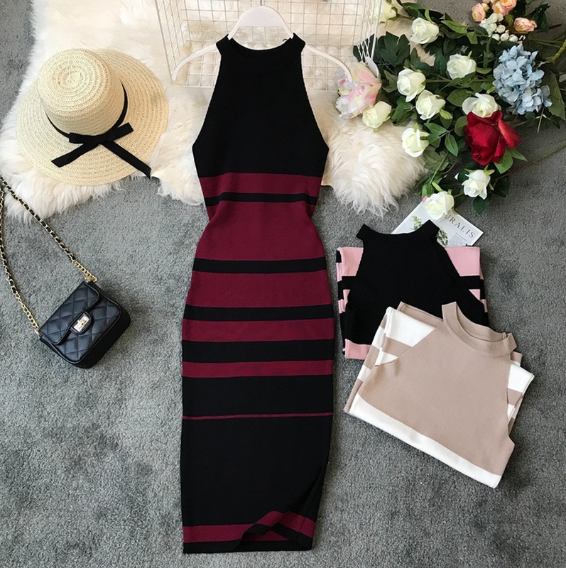 Nyári alkalmi csíkos női ruha Ujjatlan Stretch Vintage Kötött divat Szexi Bodycon Ruhák Elegáns Vestido