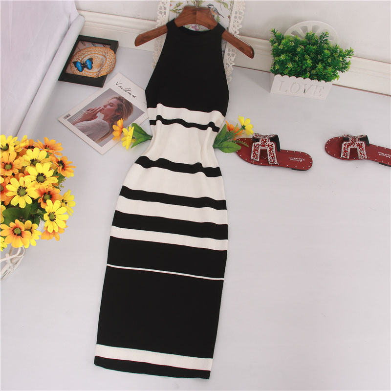 Nyári alkalmi csíkos női ruha Ujjatlan Stretch Vintage Kötött divat Szexi Bodycon Ruhák Elegáns Vestido