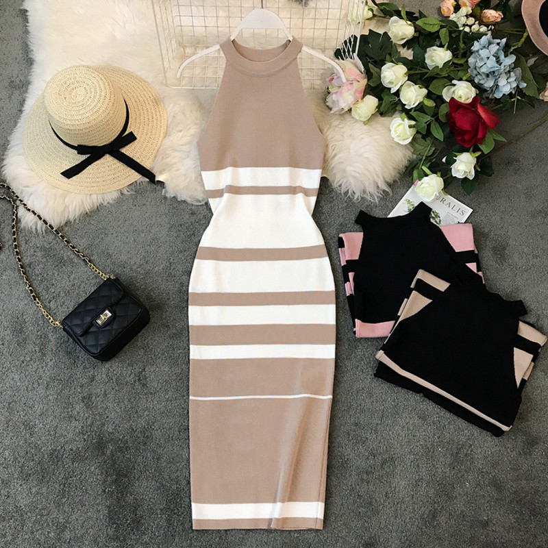 Nyári alkalmi csíkos női ruha Ujjatlan Stretch Vintage Kötött divat Szexi Bodycon Ruhák Elegáns Vestido
