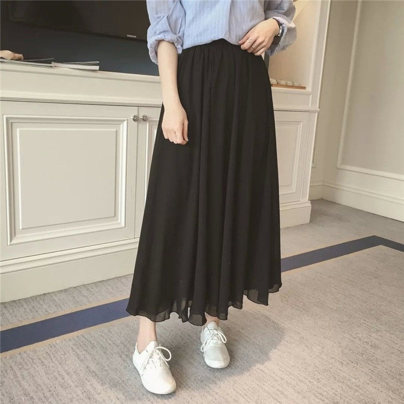 Sijonai Moteriški Šifono pamušalas Madingas temperamentas Tvirtas laisvalaikis Švelnus aukšto juosmens A formos midi sijonas Moteriška gatvės apranga etninio stiliaus