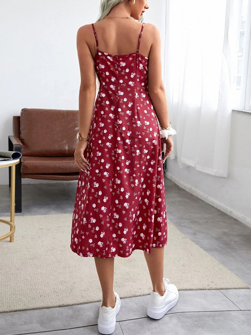 Sieviešu vasaras ziedu kleita, spageti siksnas kleitas bez piedurknēm ar ziedu apdruku ar augstu šķēlumu sievietēm, sarkana/zaļa/zila, S/M/L/XL