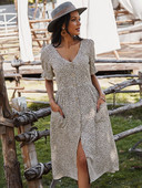 Naiste kleit, 2023. aasta suvine Boho stiilis lilleline mustriga V-kaelusega midikleit naistele puhkuseks mõeldud lõhestatud kleidid naistele Vestidos De Fiesta