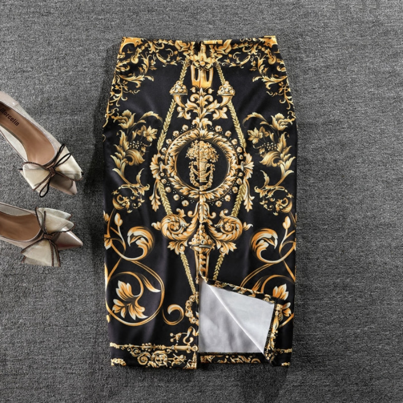 Tavasszal és nyáron Új európai és amerikai divatos Retro nyomótáska csípőszoknya női magas derekú vékony hasított szoknya Divatos