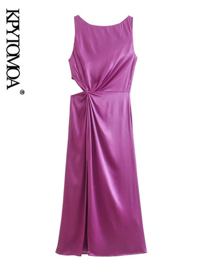 KPYTOMOA sieviešu modes ar izgrieztu mezglu priekšpusē, satīna midi kleita retro stila mugurā, rāvējslēdzējs, bez piedurknēm, sieviešu kleitas Vestidos