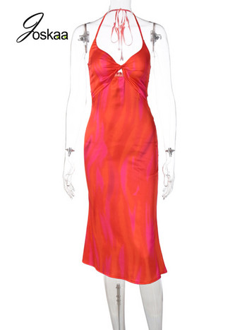 Joskaa Red Halter Midi φορέματα χωρίς κορδόνια για γυναίκες φθινόπωρο 2022 Κομψά clubwear για πάρτι Σέξι φόρεμα με λαιμόκοψη V με πλάτη κορμάκι