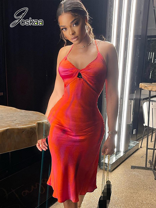 Joskaa Red Halter Seeveless Mežģīņu midi kleitas sievietēm 2022. gada rudens Eleganta ballīšu kluba apģērbs Seksīga V veida kakla izgriezuma kleita bez muguras