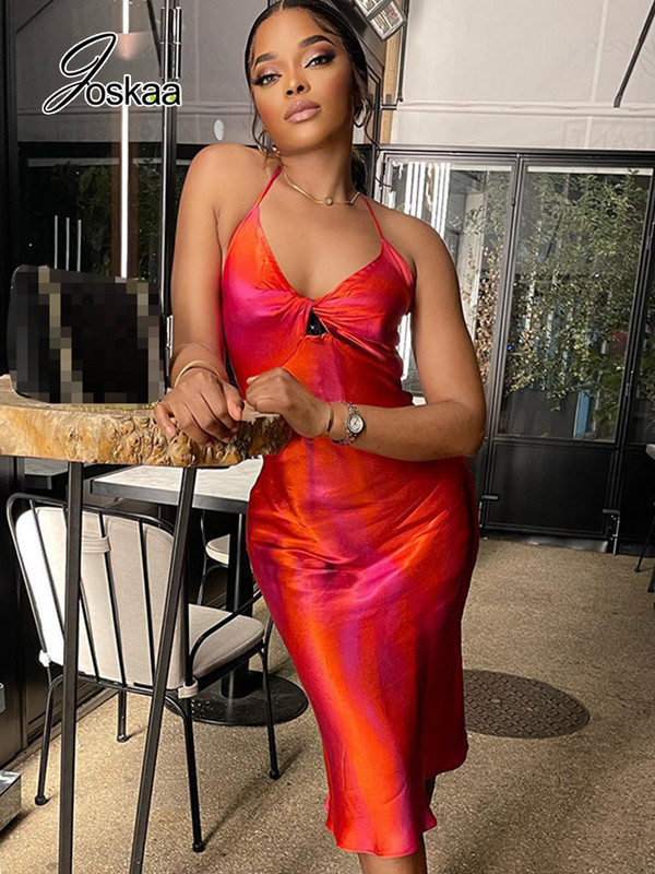 Joskaa Red Halter Seeveless Mežģīņu midi kleitas sievietēm 2022. gada rudens Eleganta ballīšu kluba apģērbs Seksīga V veida kakla izgriezuma kleita bez muguras
