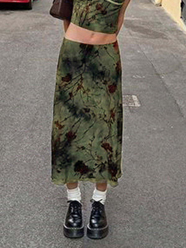 ALLNeon Fairy grunge Y2K Art Print Tie Krāsa Zaļi Midi Svārki Sieviešu 90. gadu vintage svārki ar zemu vidukli, salātu apdari, A līnijas svārki, ielas apģērbi