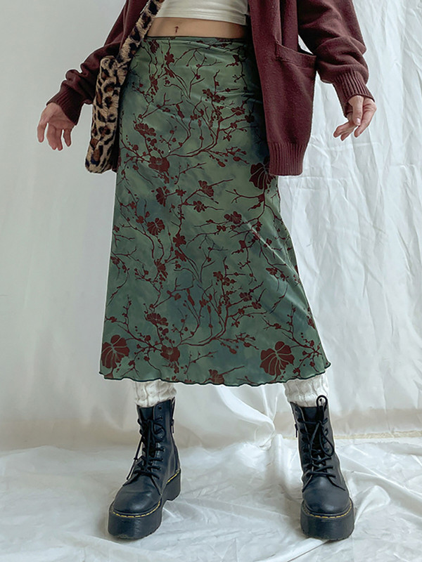 ALLNeon Fairy grunge Y2K Art Print Tie Krāsa Zaļi Midi Svārki Sieviešu 90. gadu vintage svārki ar zemu vidukli, salātu apdari, A līnijas svārki, ielas apģērbi