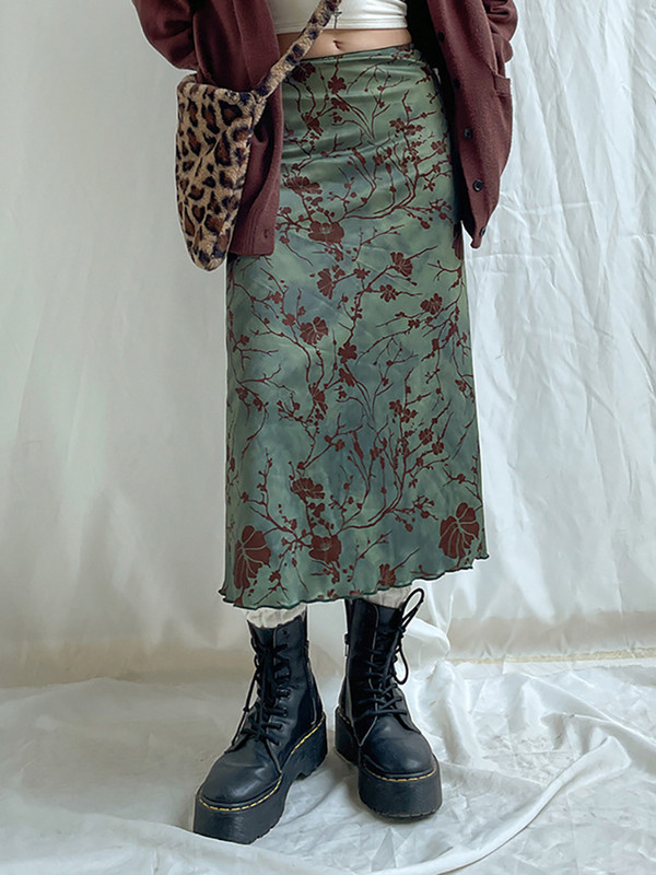 ALLNeon Fairy grunge Y2K Art Print Tie Krāsa Zaļi Midi Svārki Sieviešu 90. gadu vintage svārki ar zemu vidukli, salātu apdari, A līnijas svārki, ielas apģērbi