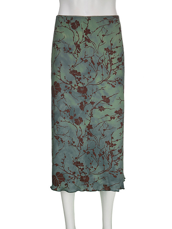 ALLNeon Fairy grunge Y2K Art Print Tie Krāsa Zaļi Midi Svārki Sieviešu 90. gadu vintage svārki ar zemu vidukli, salātu apdari, A līnijas svārki, ielas apģērbi