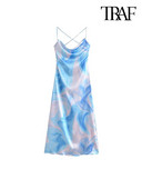 TRAF Női divat megkötött, nyomott szatén midi ruha Vintage hát nélküli oldalsó cipzár vékony pántos női ruhák Vestidos Mujer