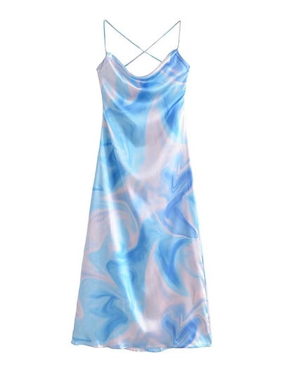 TRAF Női divat megkötött, nyomott szatén midi ruha Vintage hát nélküli oldalsó cipzár vékony pántos női ruhák Vestidos Mujer