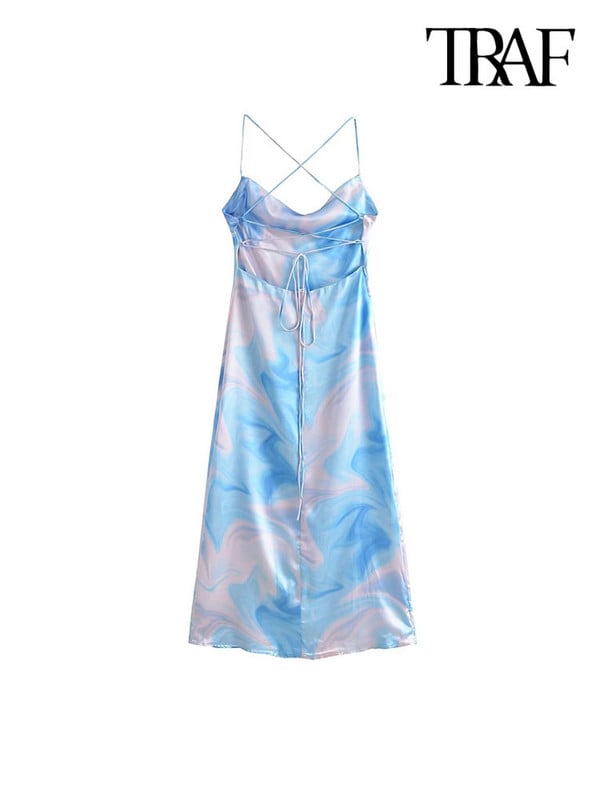 TRAF Női divat megkötött, nyomott szatén midi ruha Vintage hát nélküli oldalsó cipzár vékony pántos női ruhák Vestidos Mujer