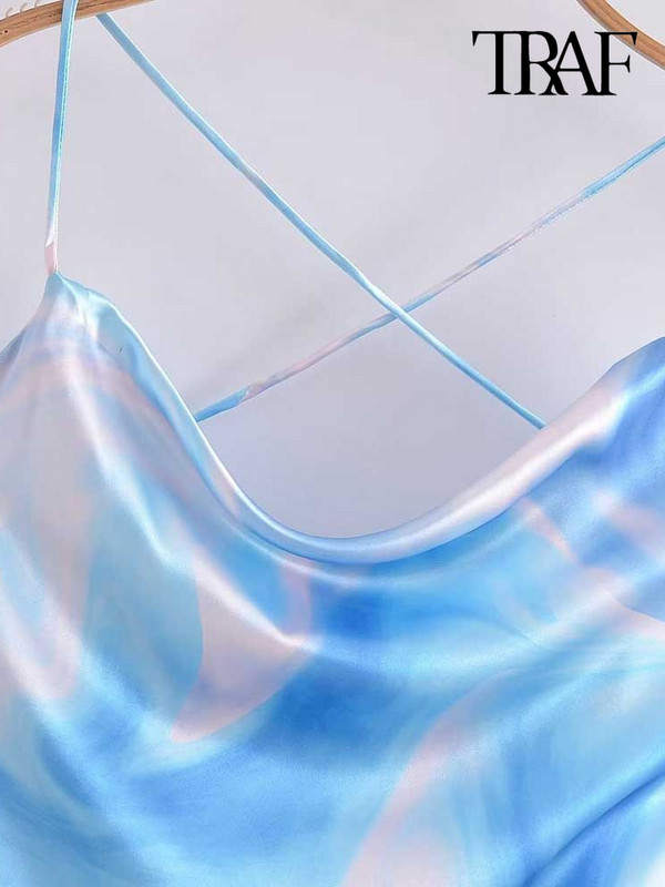 TRAF Női divat megkötött, nyomott szatén midi ruha Vintage hát nélküli oldalsó cipzár vékony pántos női ruhák Vestidos Mujer