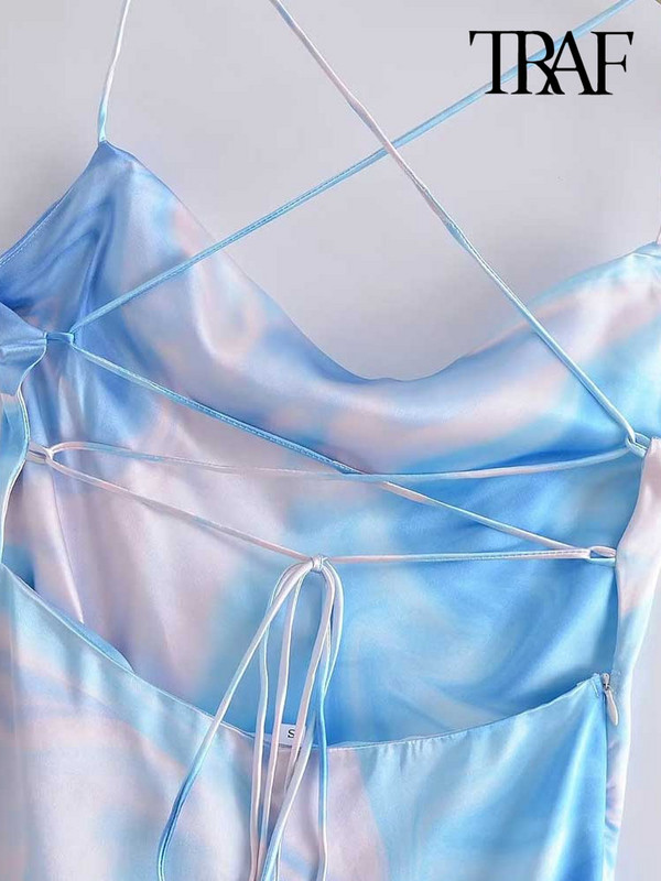 TRAF Női divat megkötött, nyomott szatén midi ruha Vintage hát nélküli oldalsó cipzár vékony pántos női ruhák Vestidos Mujer