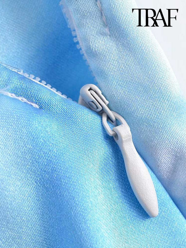 TRAF Női divat megkötött, nyomott szatén midi ruha Vintage hát nélküli oldalsó cipzár vékony pántos női ruhák Vestidos Mujer