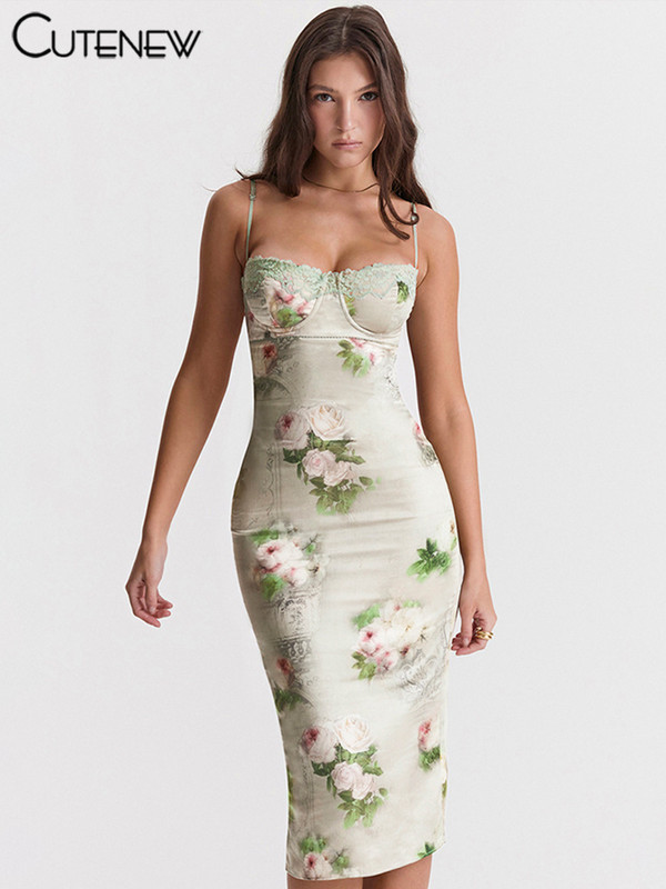 Cutenew ženska maksi haljina s otisnutim cvjetovima Čipkana elegantna špageta naramenica Svileni ogrtač bez leđa Uske retro haljine Vestidos Novo 2023.