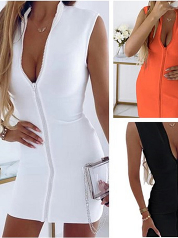 Vasaros nauja Sexy Deep V formos užtrauktuku Bodycon Package Hip Mini Suknelė Moterims Rankovės Balta Juoda Elegantiška Biuro suknelė Moteris