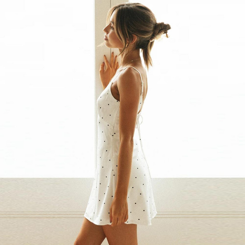 WildPinky σέξι γυναικείες πουά λουράκι σπαγγέτι Sress εξώπλατο δέσιμο γιορτινό φόρεμα με V λαιμόκοψη Γυναικεία φορέματα παραλίας Boho καλοκαίρι