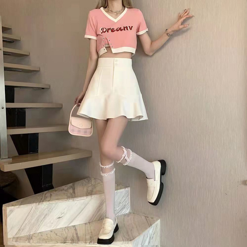 Szoknyák Női Újdonságok Nyári Magas derekú Gombos Diákok Térd felett Szilárd Egyszerű Ruházat Harajuku Utcai ruházat Szexi Esztétikus