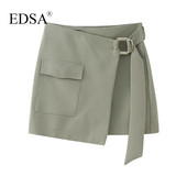 EDSA női elegáns, khaki magas derekú miniszoknya 2023-as nyári első patch füles zsebpakolás rögzítő öv arany csatos utcai viselet