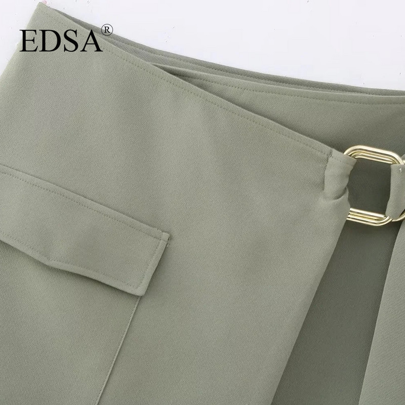 EDSA női elegáns, khaki magas derekú miniszoknya 2023-as nyári első patch füles zsebpakolás rögzítő öv arany csatos utcai viselet