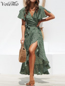 Volemo Summer Beach Maxi kleita sievietēm ar ziedu apdruku Boho gara šifona kleita ar volāniem ikdienišķa V veida kakla izgriezuma seksīga ballīšu kleita
