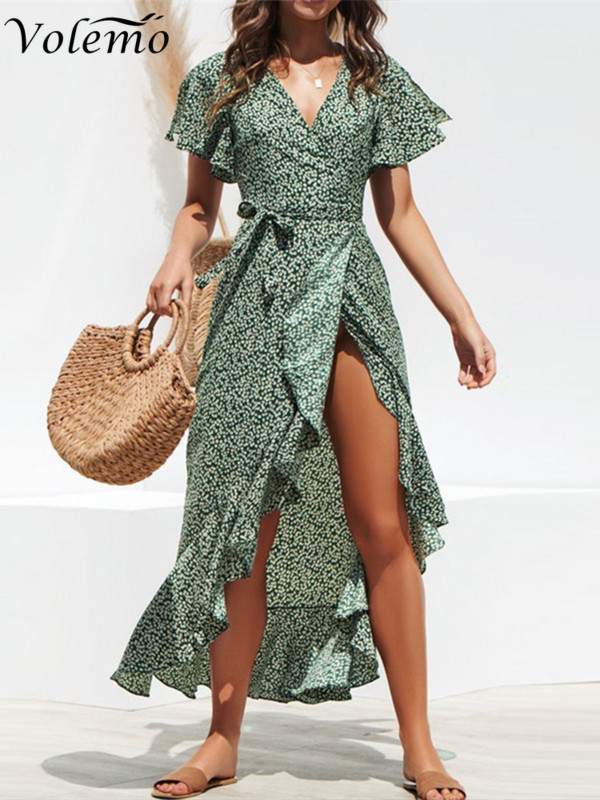 Volemo Summer Beach Maxi kleita sievietēm ar ziedu apdruku Boho gara šifona kleita ar volāniem ikdienišķa V veida kakla izgriezuma seksīga ballīšu kleita